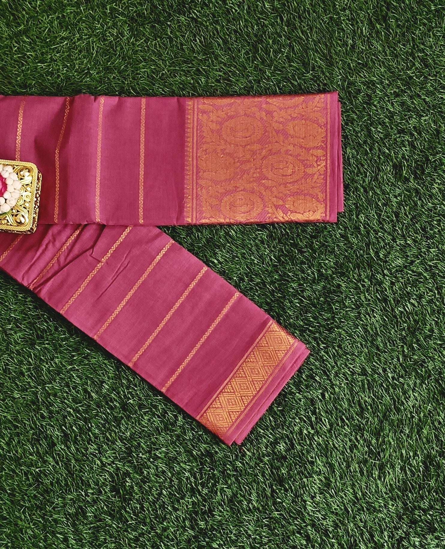 Beautiful Rani Pink Chettinad Cotton Saree with Zari Lines & Rich Zari Border