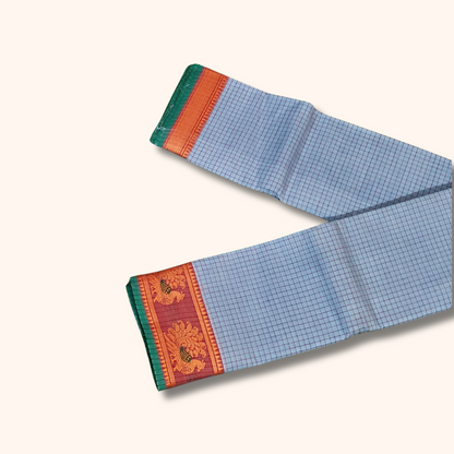 Powder Blue Pure Chettinad Cotton Saree with Peach-Gold & Green Border