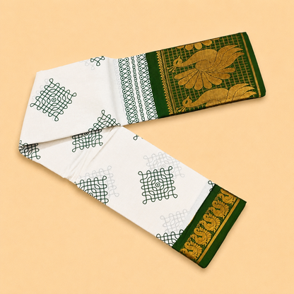 Elegant White Printed Cotton Saree with Green Peacock Border