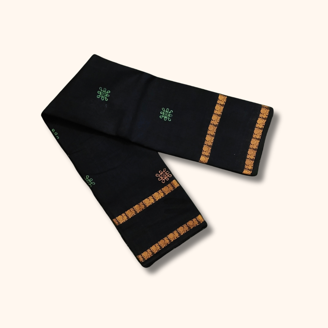 Black Kolam Design Cotton Saree with Gold Border and Running Blouse