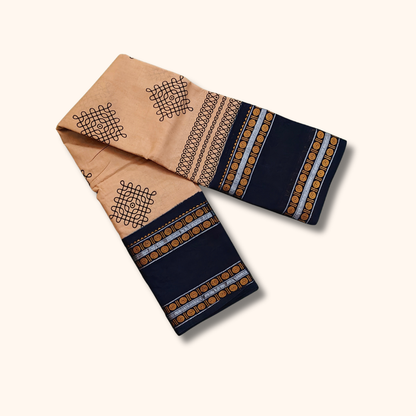Beige Cotton Saree with Navy Blue Border and Traditional Kolam Motifs – Running Blouse