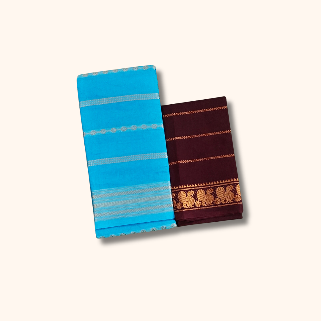 Sky Blue Sungudi Cotton Saree with Maroon Peacock Border Blouse