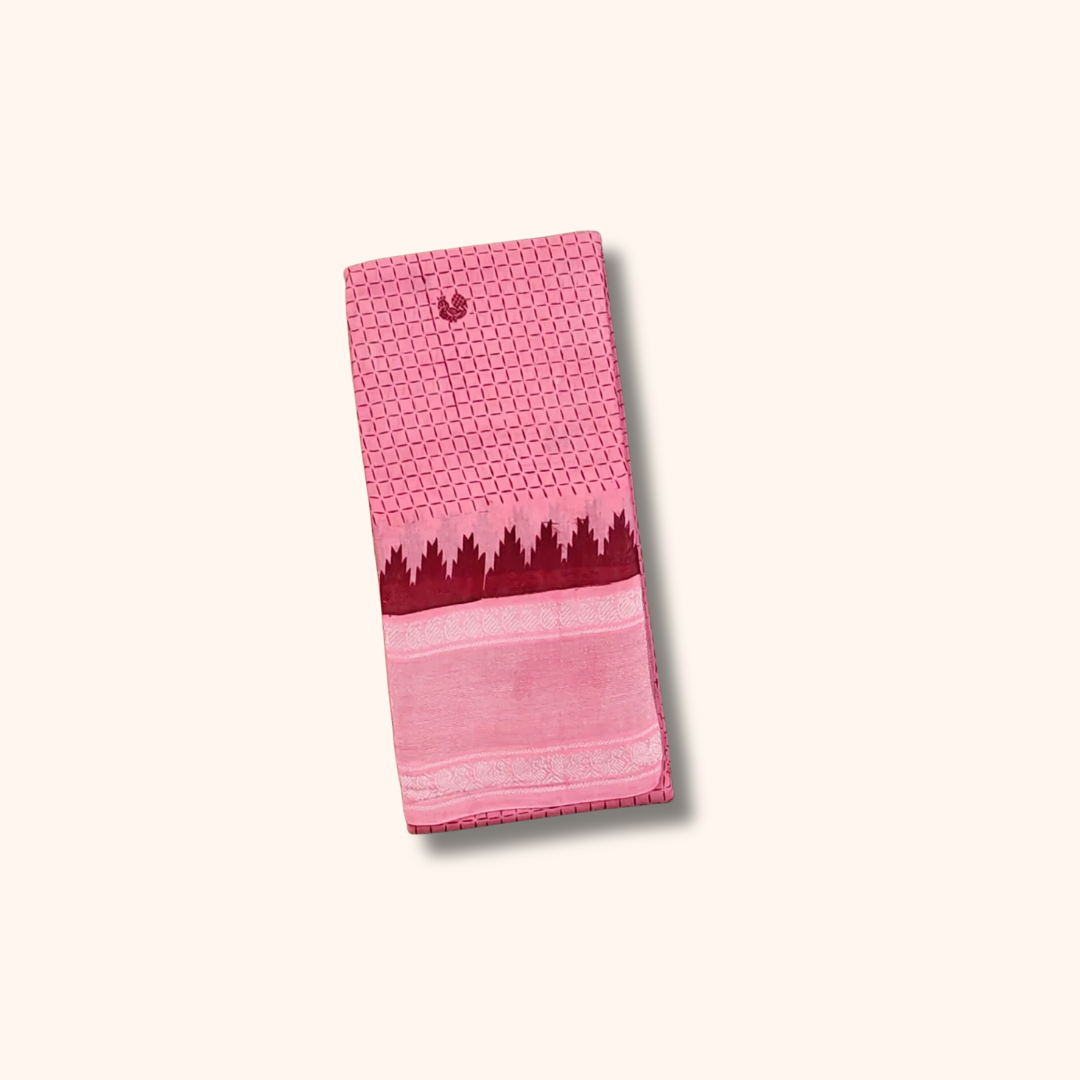 Baby Pink Sungudi Cotton Saree with Silver Zari Temple Border