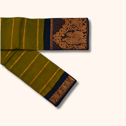 Olive Green Sungudi Cotton Saree with Navy Blue Peacock Zari Border