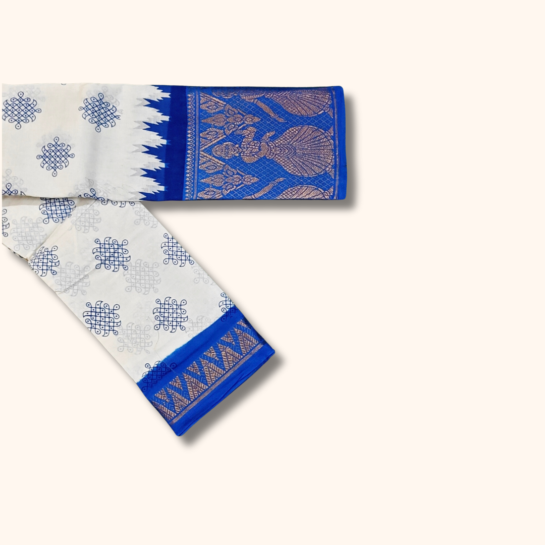 White Kolam Print Cotton Saree with Royal Blue Dancing Girl Border
