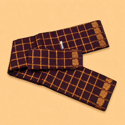 Dark Chocolate Brown Pavithra Kattam Cotton Saree with Gold Elephant Border