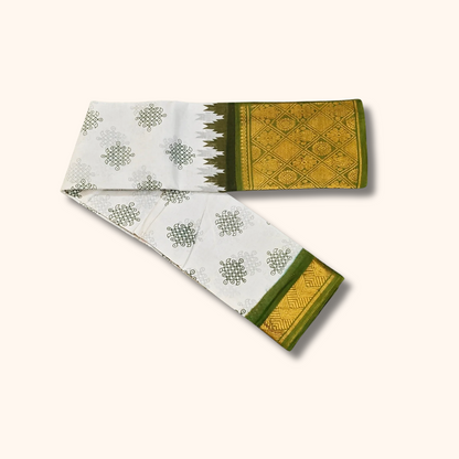 White & Olive Green Traditional Sungudi Cotton Saree with Designer Green Zari Border