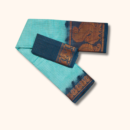 Sky Blue Thread Work Sungudi Cotton Saree with Peacock Border