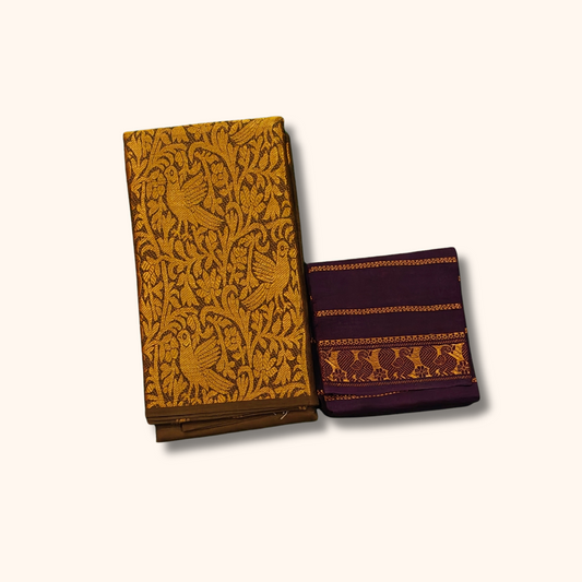 Mustard Brown Vasigara Pattern Sungudi Cotton Saree with Coffee Brown Separate Blouse Piece