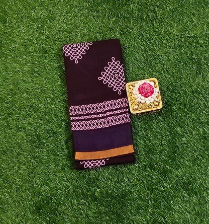 Deep Plum Sungudi Cotton Saree with Pink Kolam Motifs & Dual Tone Zari Border