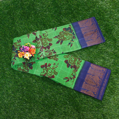 Parrot Green Floral Printed Saree with Navy Blue Peacock Border
