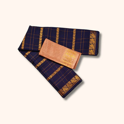 Navy Blue Pure Sungudi Cotton Saree with Gold Zari Checks & Peacock Border