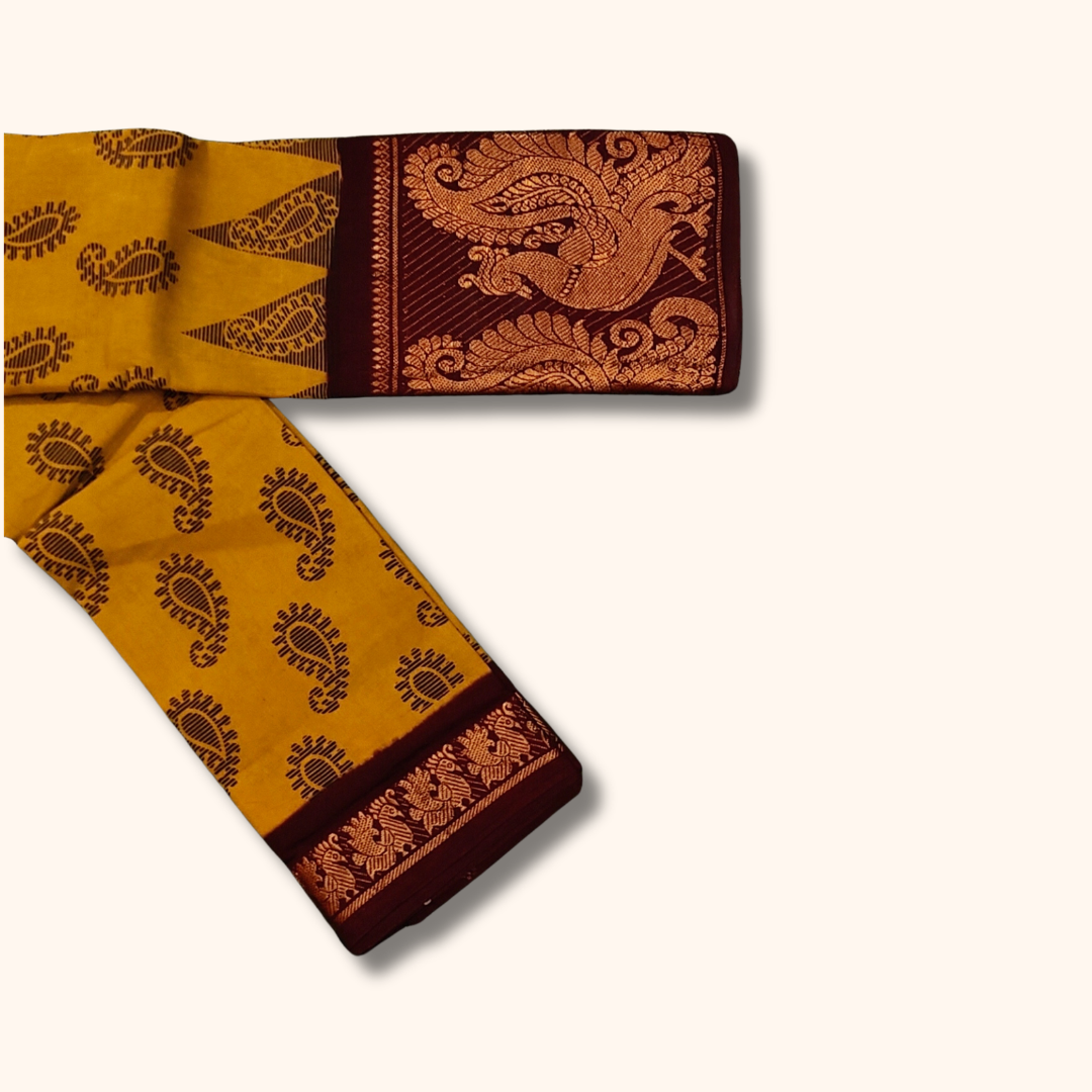Mustard Paisley Print Cotton Saree with Maroon Peacock Border