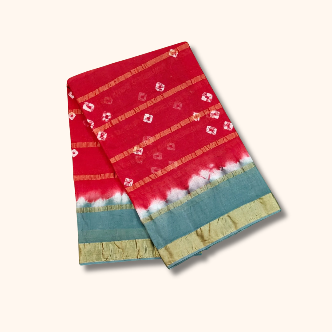 Red & Blue Tie-Dye Cotton Saree with Gold Border – Separate Blouse