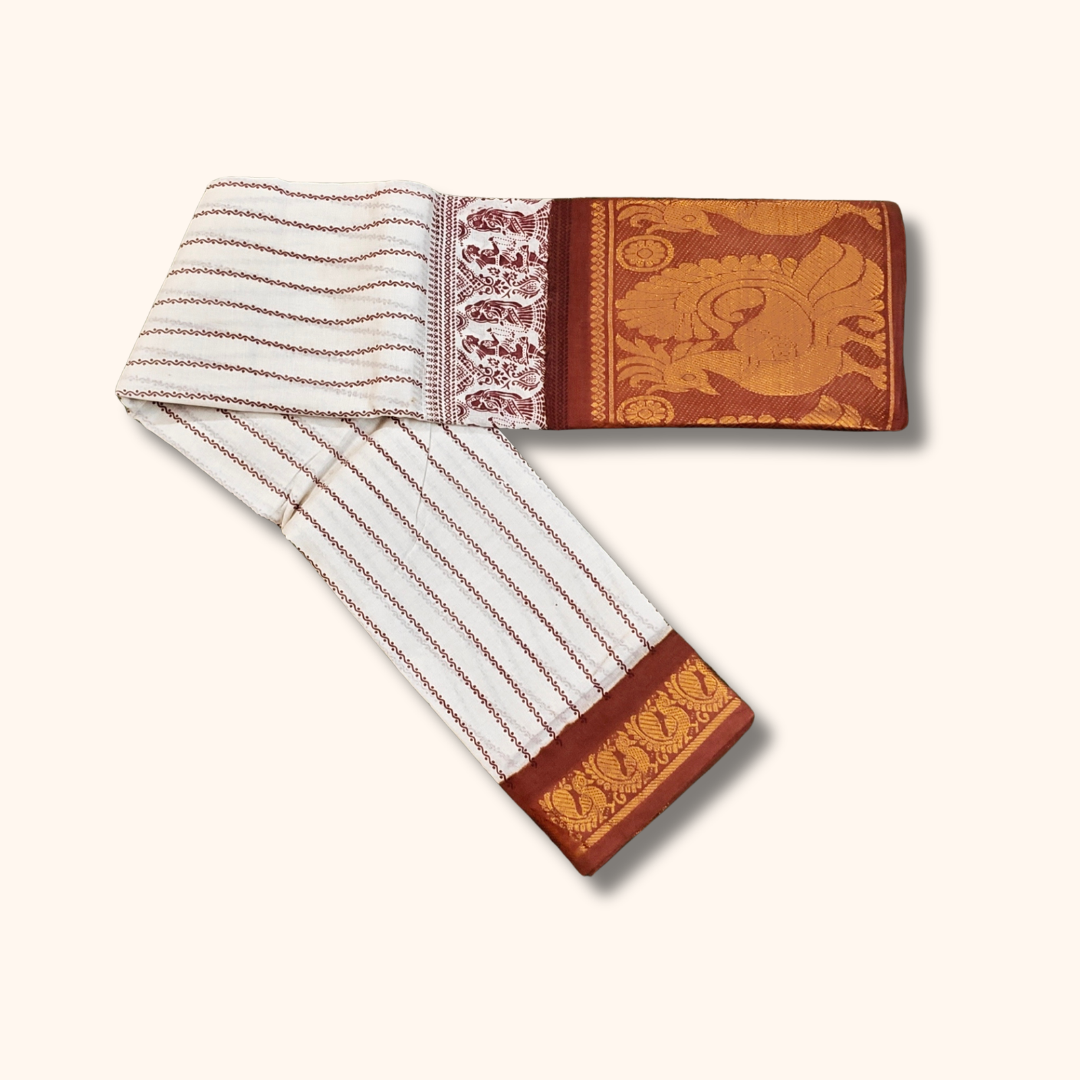White Striped Sungudi Cotton Saree with Peacock Border