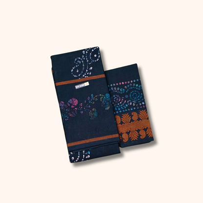 Dark Ink Blue Sungudi Cotton Saree with Multicolor Batik Floral Design & Designer Border