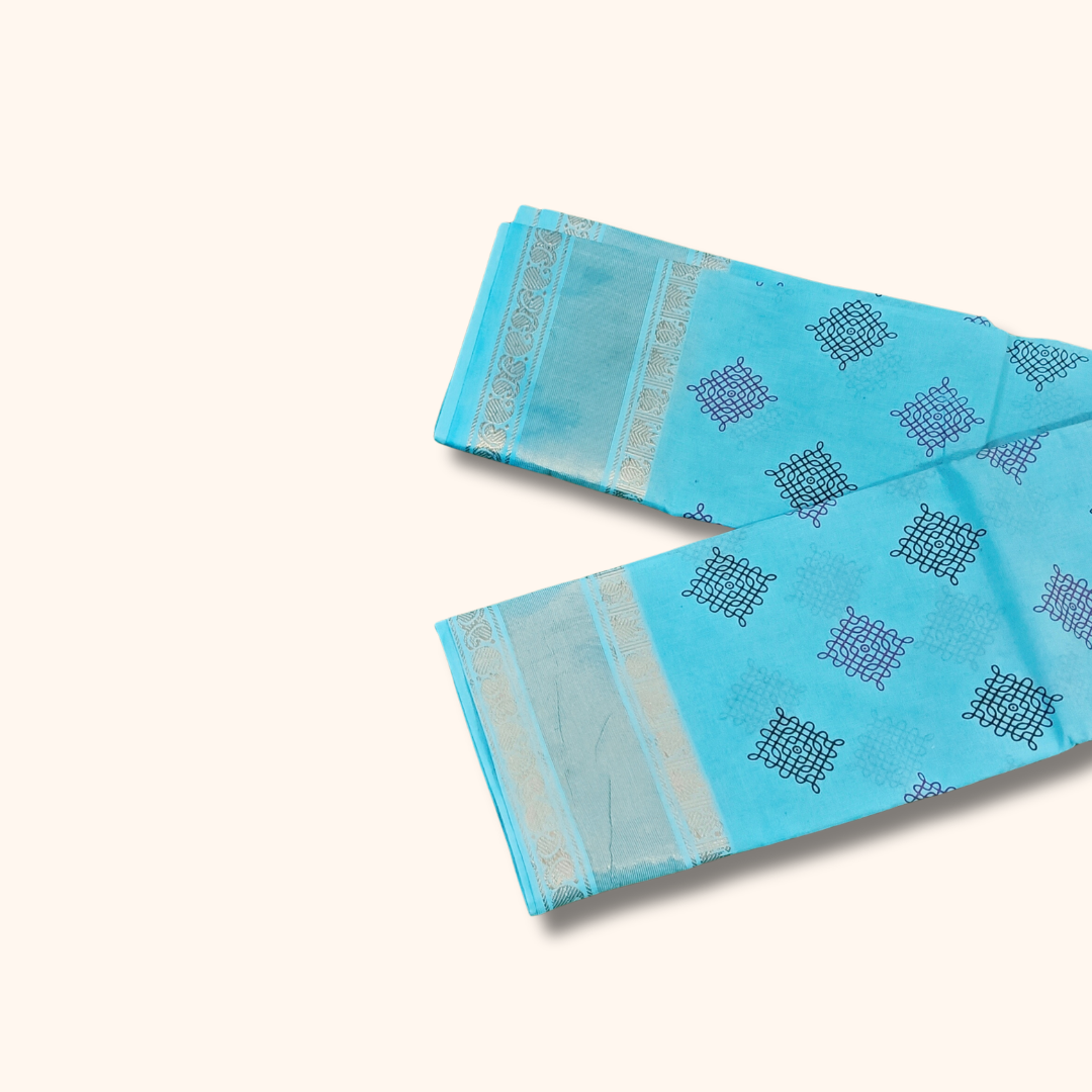 Sky Blue Sungudi Cotton Saree with Kolam Print & Gold Zari Border