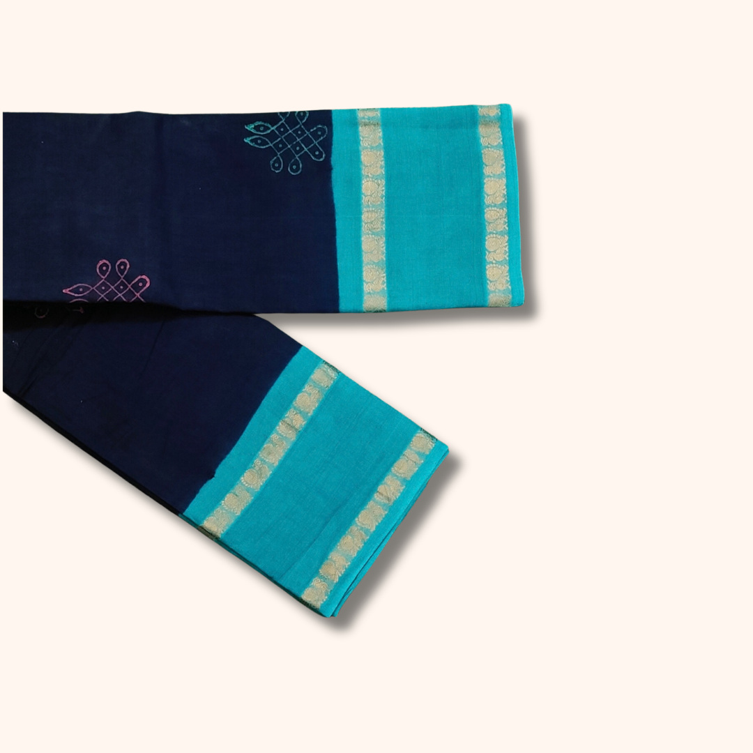 Navy Blue and Teal Blue Kolam Design Cotton Saree with Running Blouse