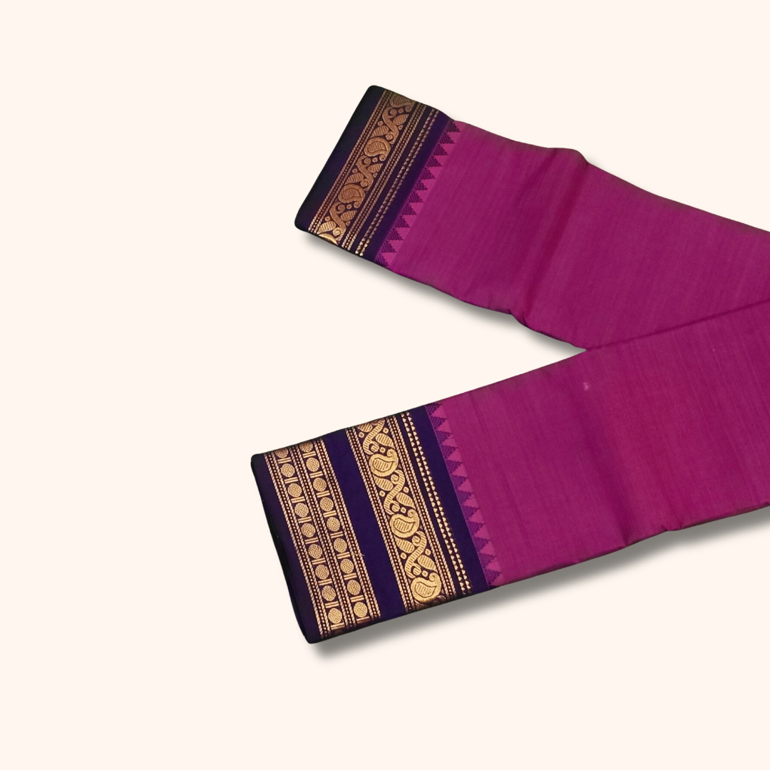 Magenta Chettinad Cotton Saree with Navy Blue Temple Border