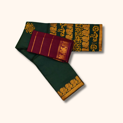 Dark Green Batik Cotton Saree with Maroon Separate Blouse Piece