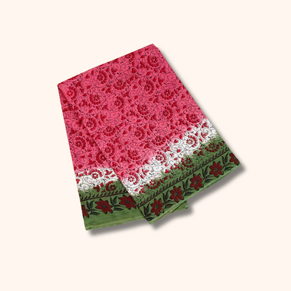 Pink & Green Floral Printed Cotton Saree with Green Floral Border – Separate Blouse