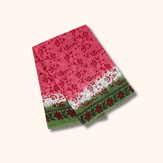 Pink & Green Floral Printed Cotton Saree with Green Floral Border – Separate Blouse