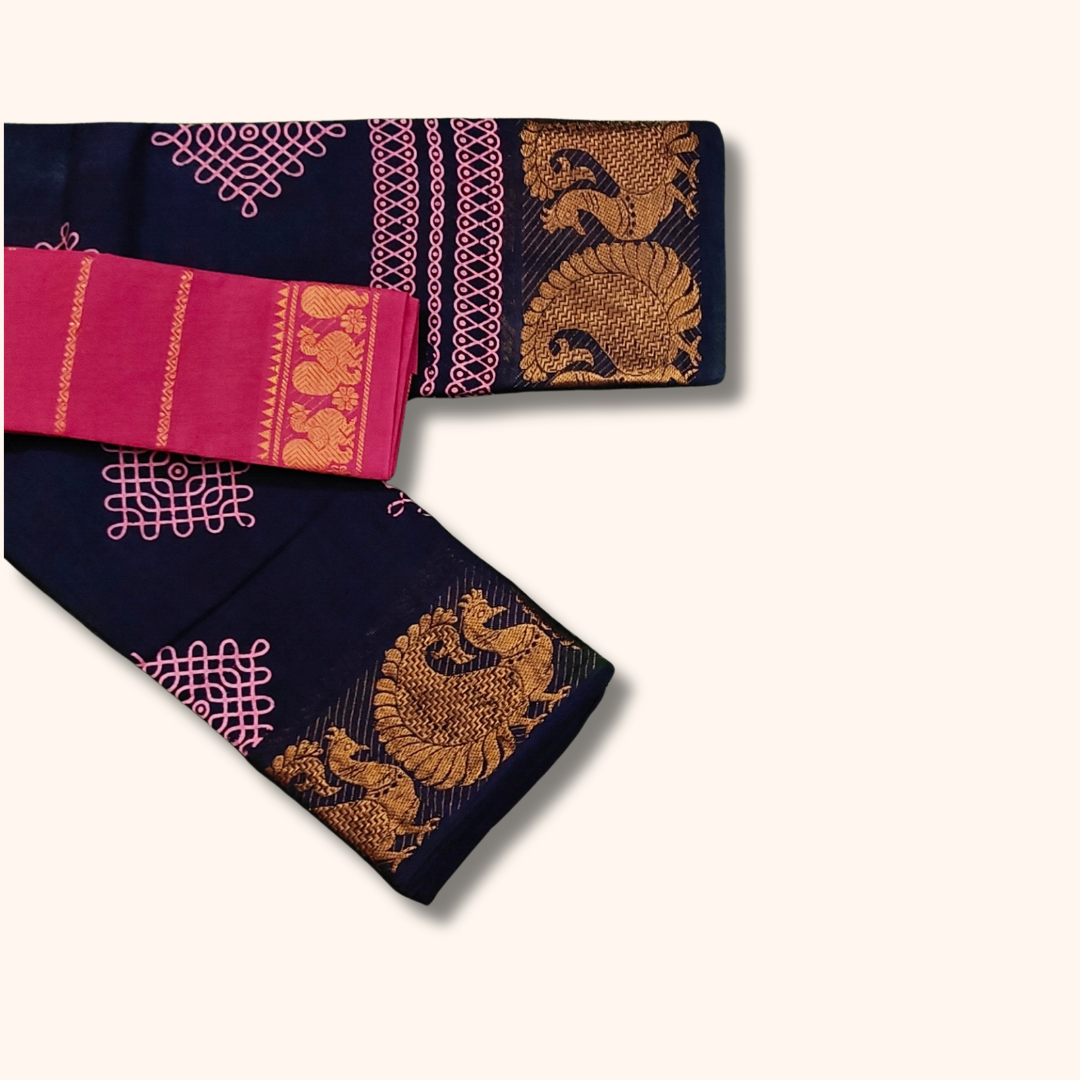 Navy Blue Sungudi Cotton Saree with Pink Kolam Print & Peacock Border