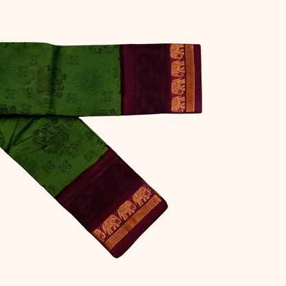 Parrot Green Cotton Saree with Elephant Border