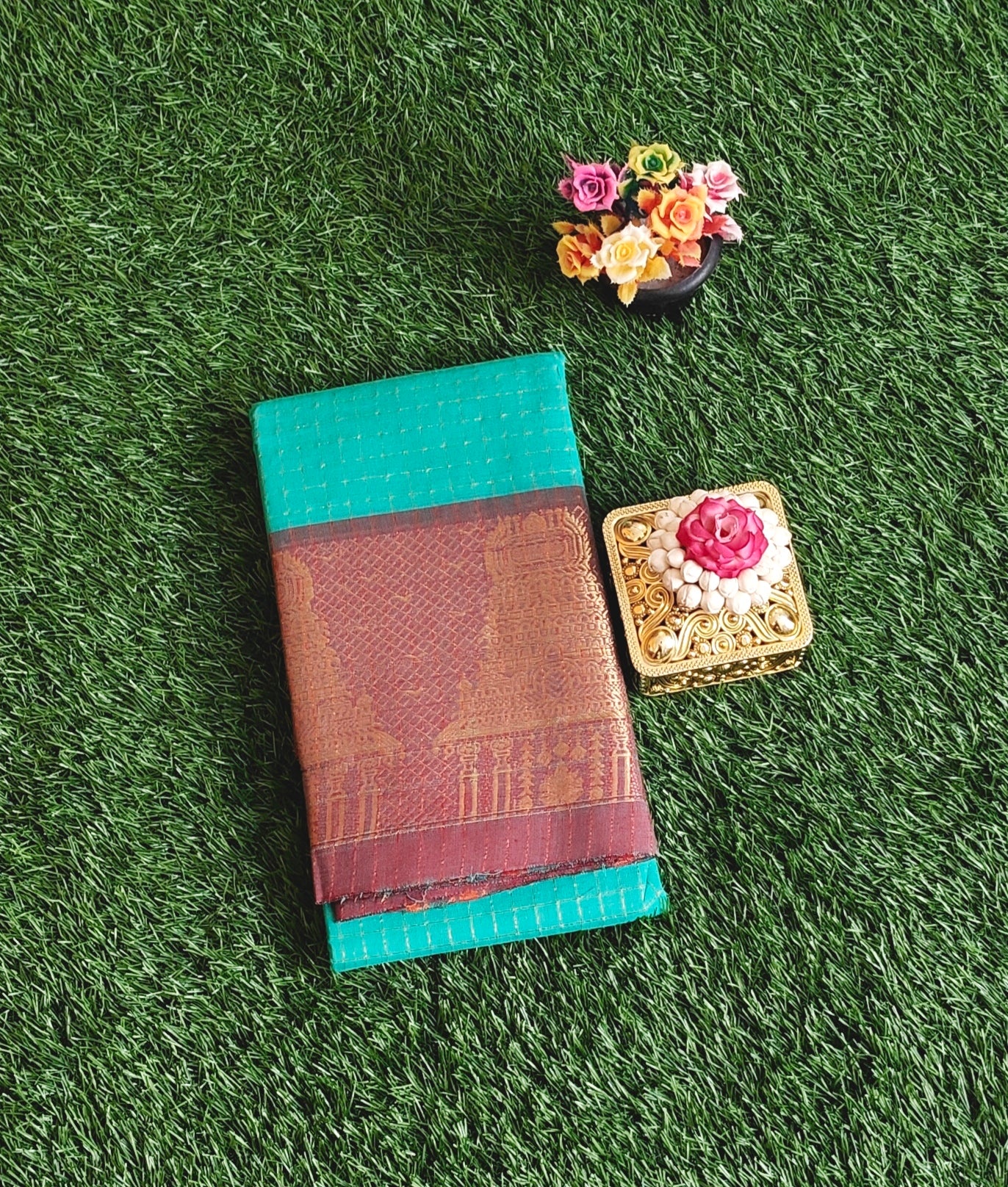 Chettinad Cotton Saree with Meenakshi Gopuram Border – Peacock Green Checks