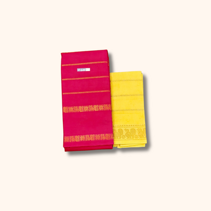 Magenta Pink Cotton Saree with Golden Stripes & Traditional Border – Yellow Blouse Piece
