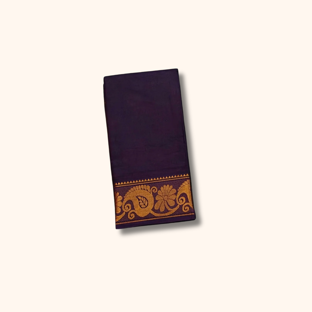 Deep Purple Pure Cotton Saree with Traditional Paisley Border – Running Blouse
