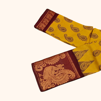 Mustard Paisley Print Cotton Saree with Maroon Peacock Border