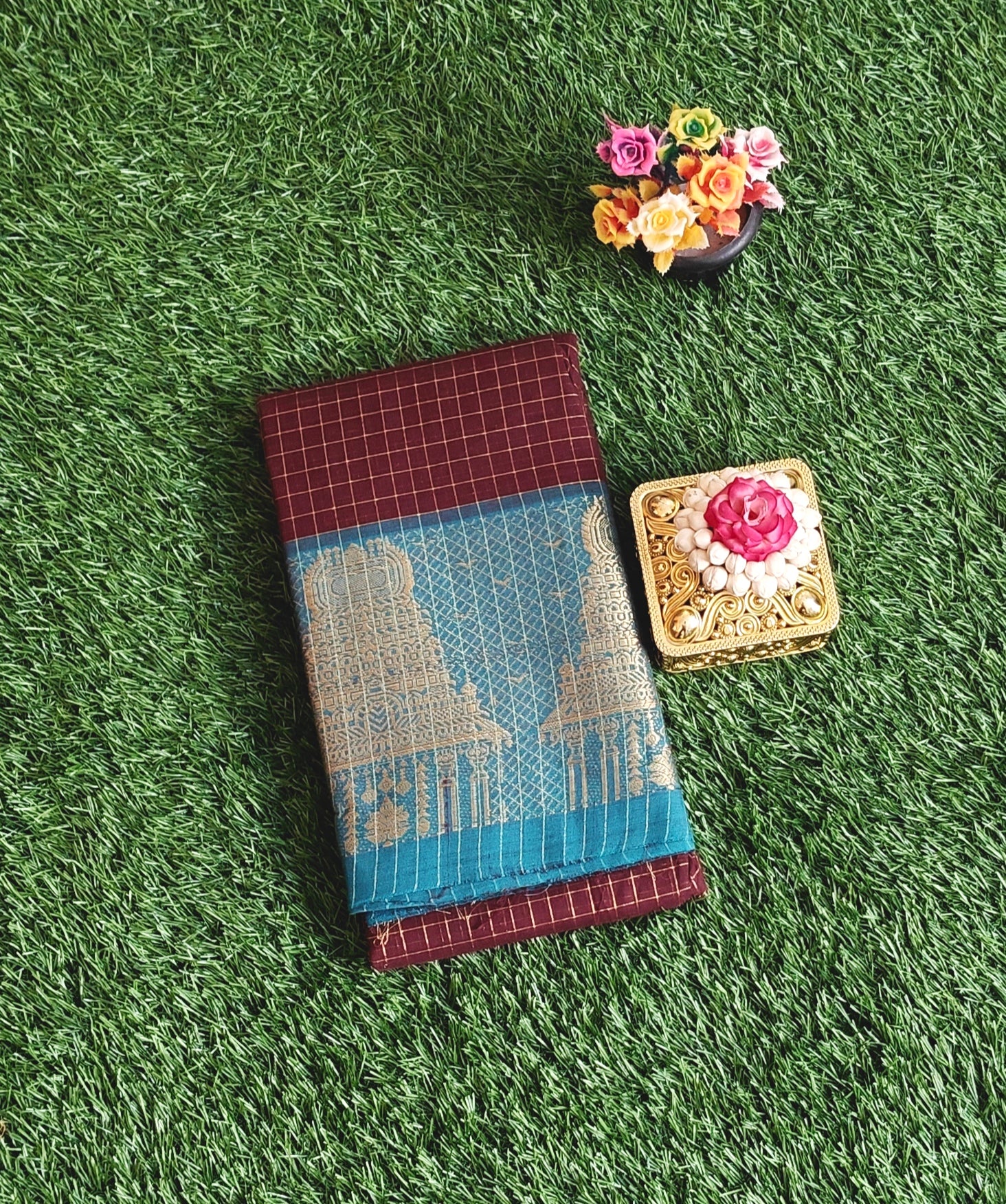 Chettinad Cotton Saree with Meenakshi Gopuram Border – Dark Chocolate Brown Checks with Teal Blue Border