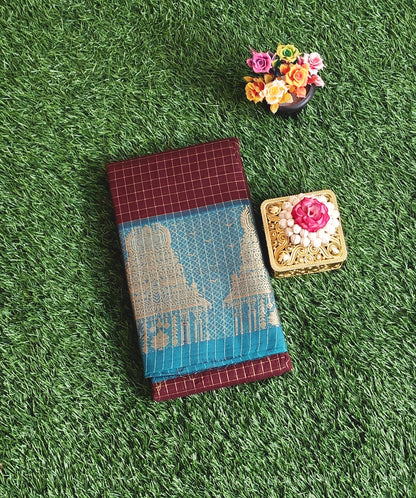 Chettinad Cotton Saree with Meenakshi Gopuram Border – Dark Chocolate Brown Checks with Teal Blue Border