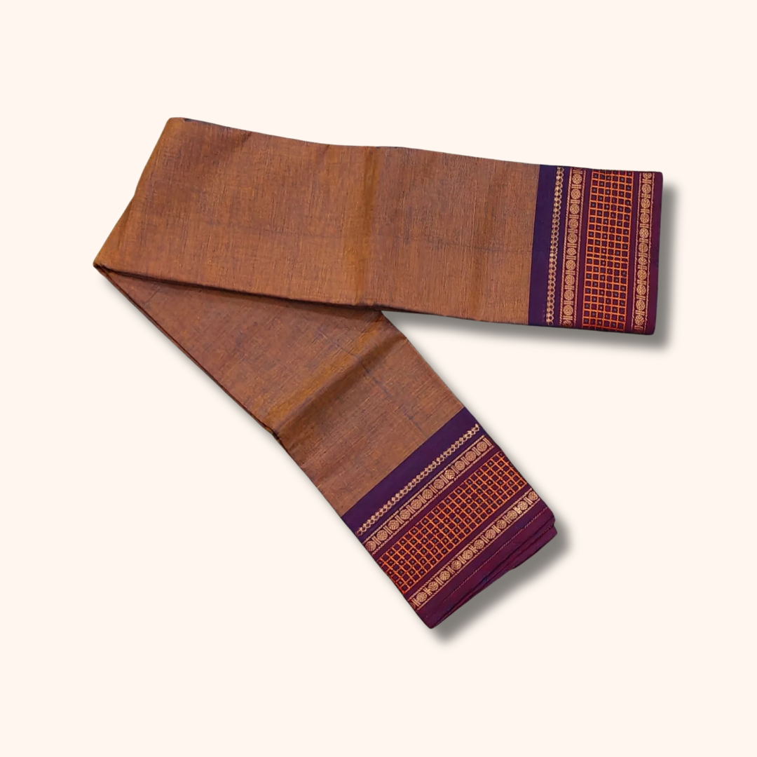 Coffee Brown Chettinad Cotton Saree with Royal Purple Traditional Border
