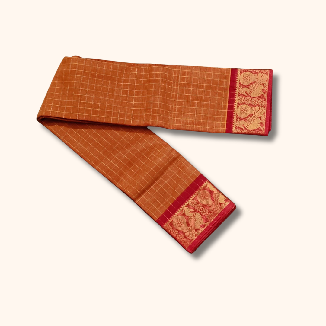 Rust Orange Chettinad Cotton Saree with Red & Gold Peacock Border Without Blouse