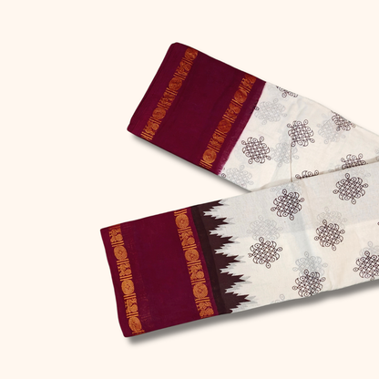 White Sungudi Cotton Saree with Maroon Traditional Border – Running Blouse