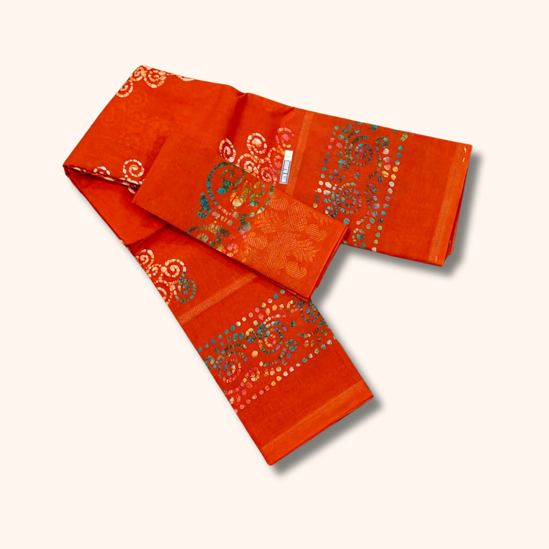 Vibrant Orange Batik Cotton Saree with Separate Blouse Piece