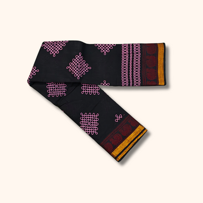 Black Kolam Print Cotton Saree with Maroon & Gold Border