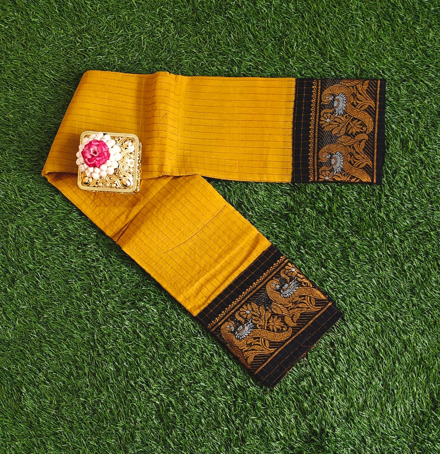 Mustard Yellow Sungudi Cotton Saree with Gold Zari Checks & Black Zari Border