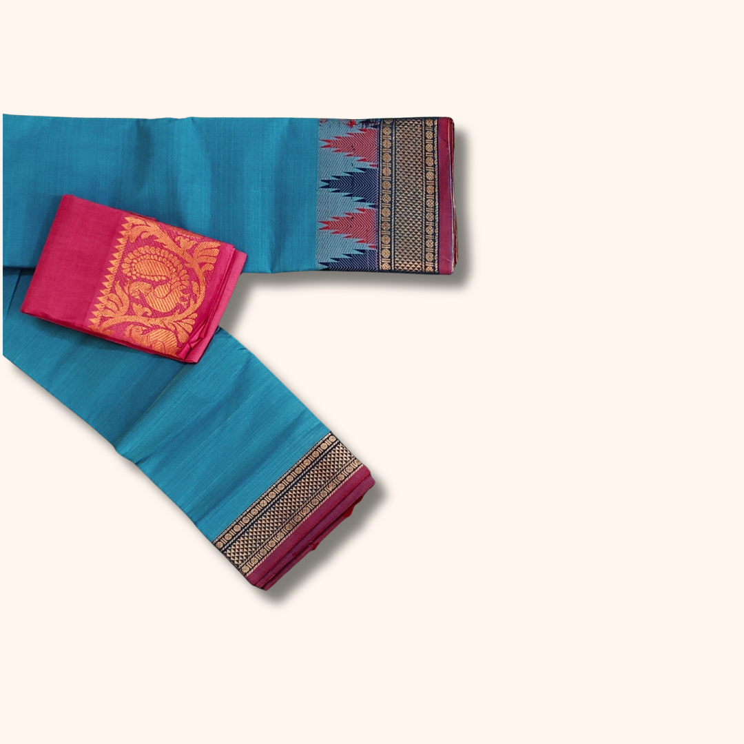 Sky Blue Chettinad Cotton Saree with Temple Border
