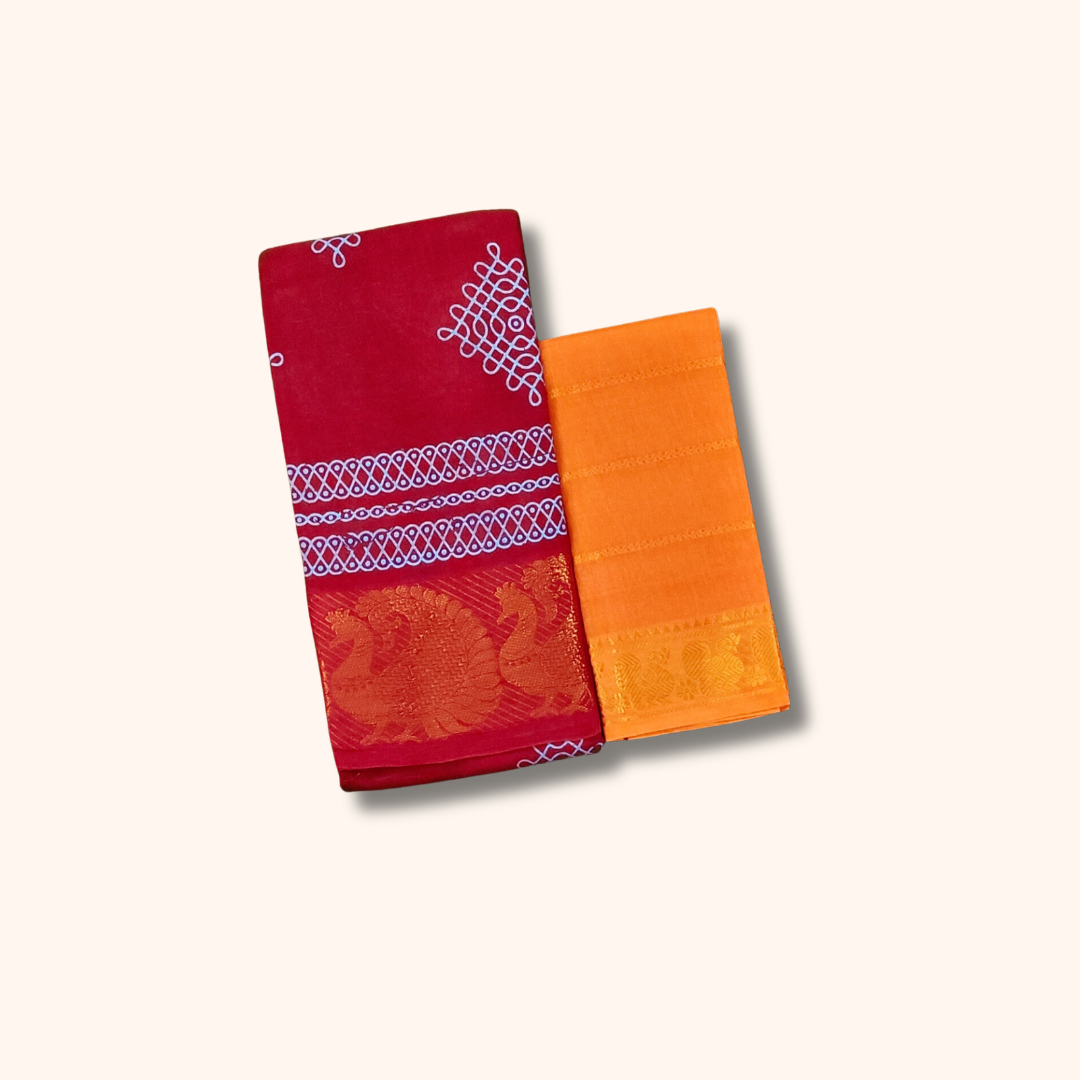 Ruby Red Sungudi Cotton Saree with White Kolam Print & Peacock Border
