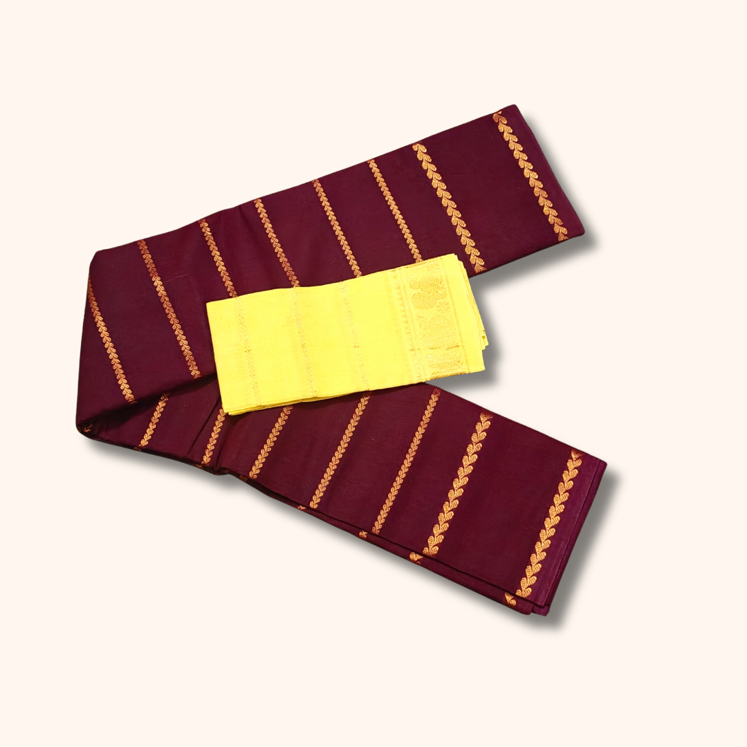 Maroon Cotton Saree with Contrast Lemon Yellow Blouse
