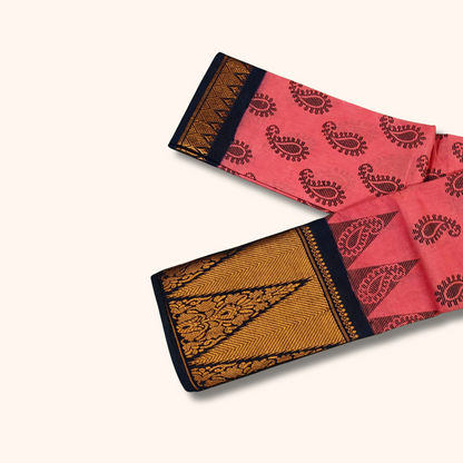 Pink Cotton Saree with Black Temple Border and Gold Woven Pallu