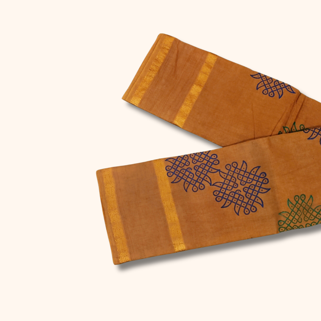 Mustard Yellow Cotton Saree with Traditional Kolam Motifs and Gold Border – Running Blouse