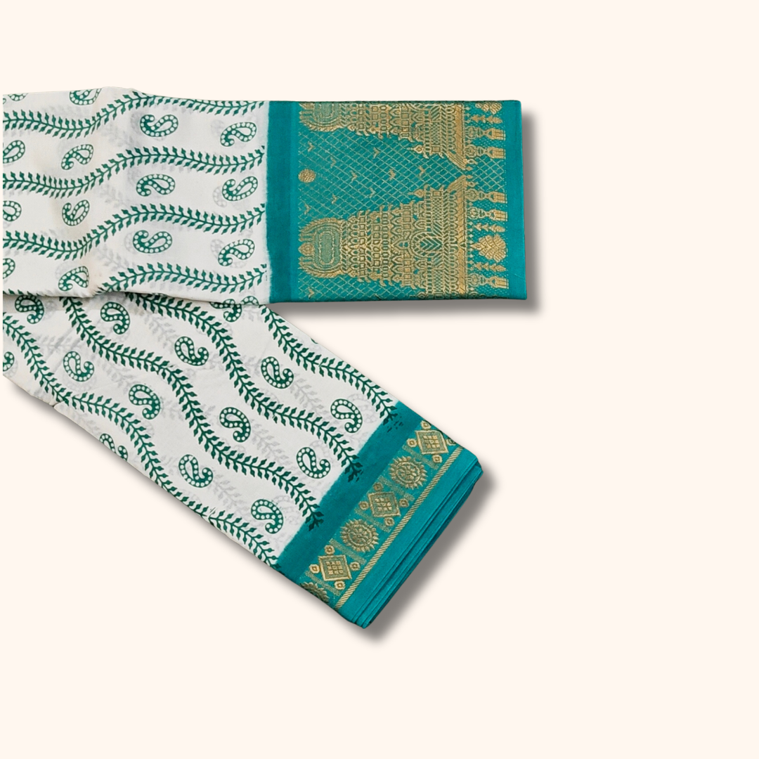 White Cotton Saree with Peacock Green Rich Temple Pallu