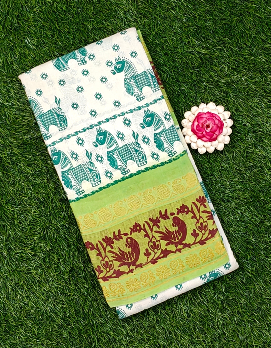 Off-White Sungudi Cotton Saree with Green Elephant Motifs & Light Green Border