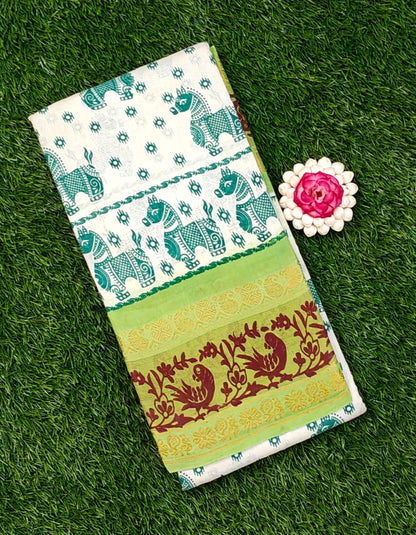 Off-White Sungudi Cotton Saree with Green Elephant Motifs & Light Green Border