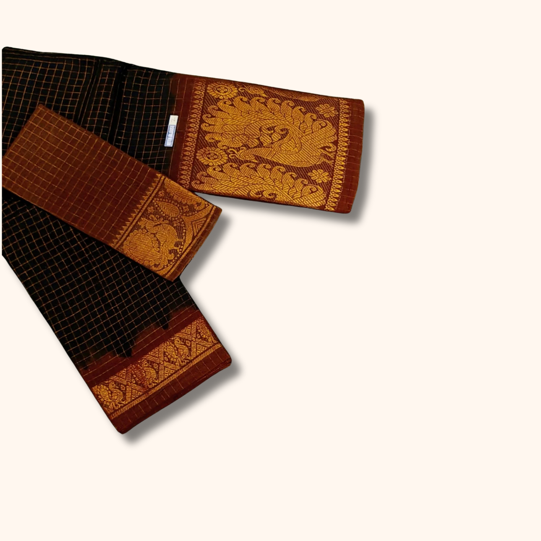Black & Rust Brown Sungudi Cotton Saree with Peacock Pallu – Separate Blouse Piece