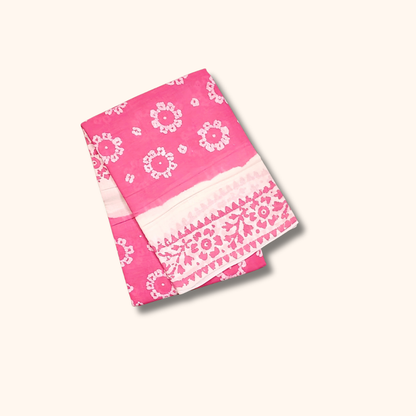 Pink Batik Sungudi Cotton Saree with White Floral Design